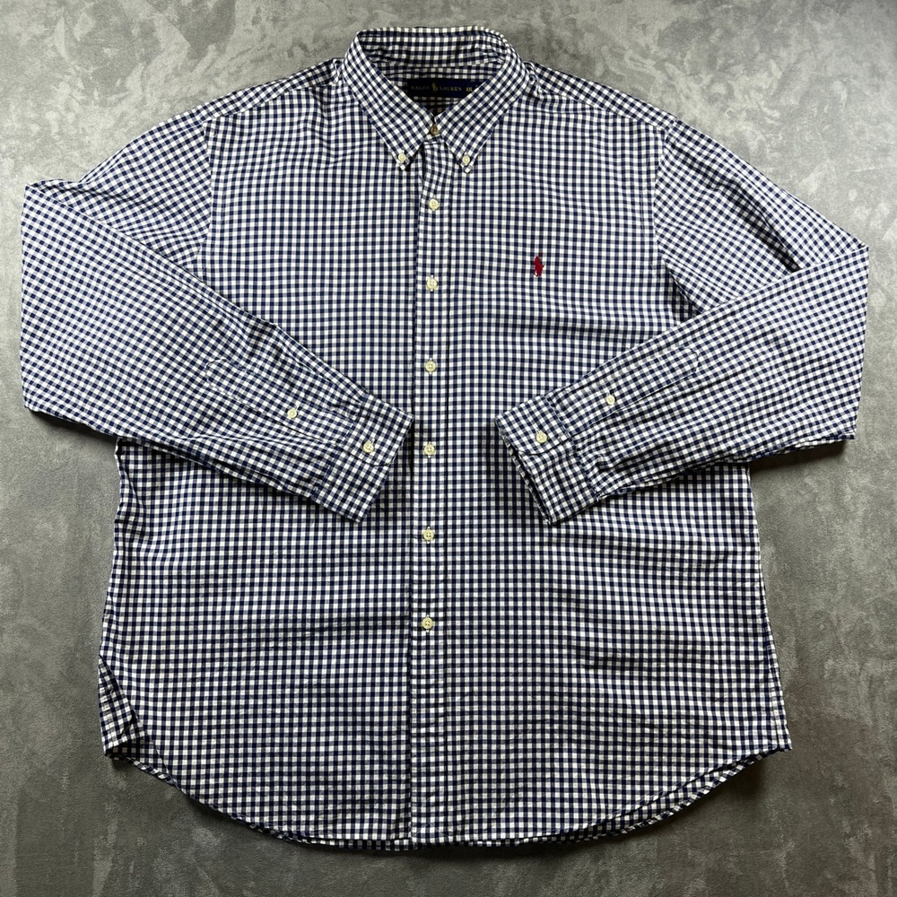 Ralph Lauren Mens XXL Classic Fit Gingham Button Down Shirt Navy Blue White